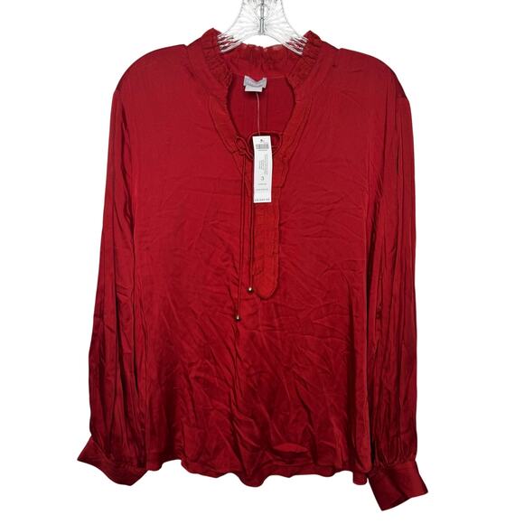 Chico’s Ruffle Tie Neck Satin Blouse Sz 3 XL 16/18 Red Long Sleeve Pullover Top - Picture 1 of 10